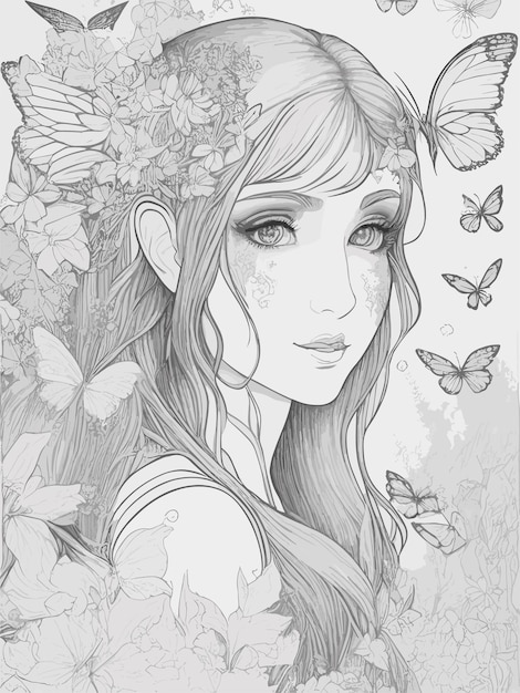 Uma mulher com uma coroa de borboletas na cabeça.