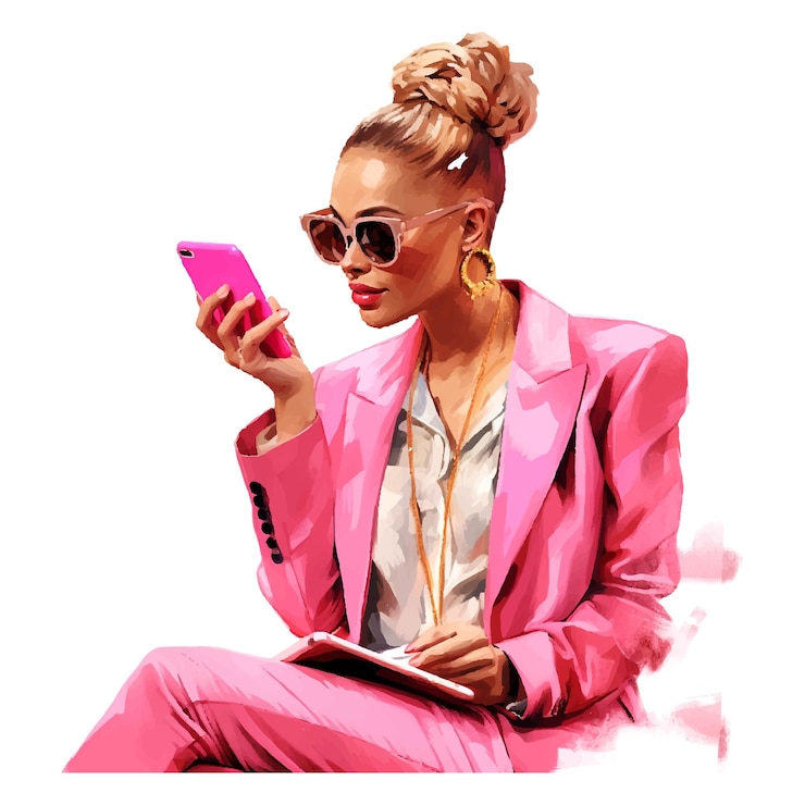 Vetor uma mulher com uma jaqueta rosa e óculos de sol falando em um telefone celular ilustração digital