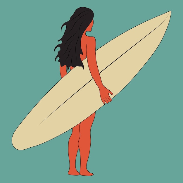 Vetor uma mulher com uma prancha de surf está parada na frente de um fundo azul