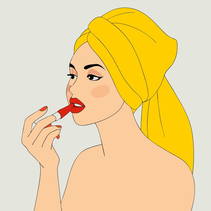 Vetor uma mulher com uma toalha amarela na cabeça está aplicando batom vermelho