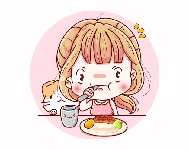 Uma mulher comendo na hora do almoço e desenho de personagens de desenhos animados.