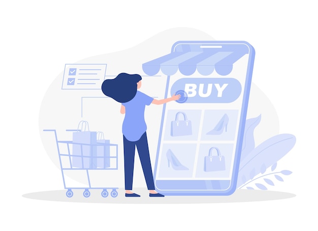 Uma mulher compra coisas em uma loja online de compras online Ilustração plana vetorial moderna
