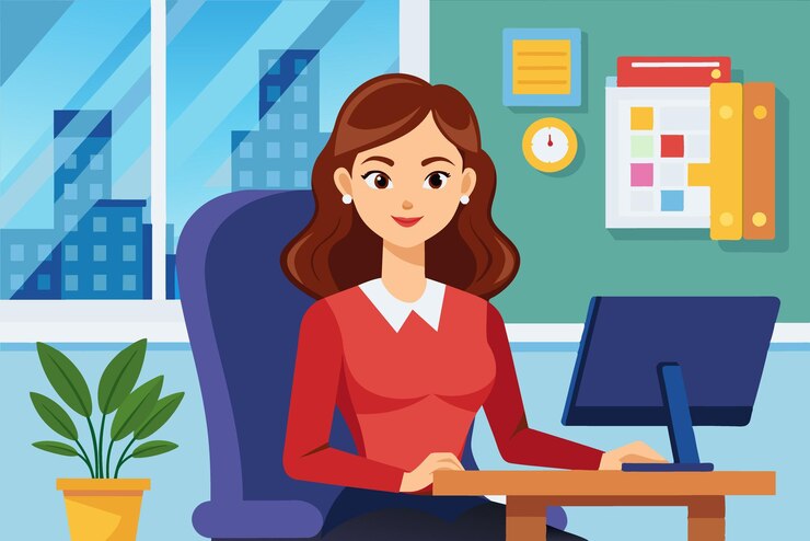 Vetor uma mulher confiante senta-se em sua mesa focada em seu computador o escritório tem uma grande janela com vista para uma cidade com notas coloridas na parede