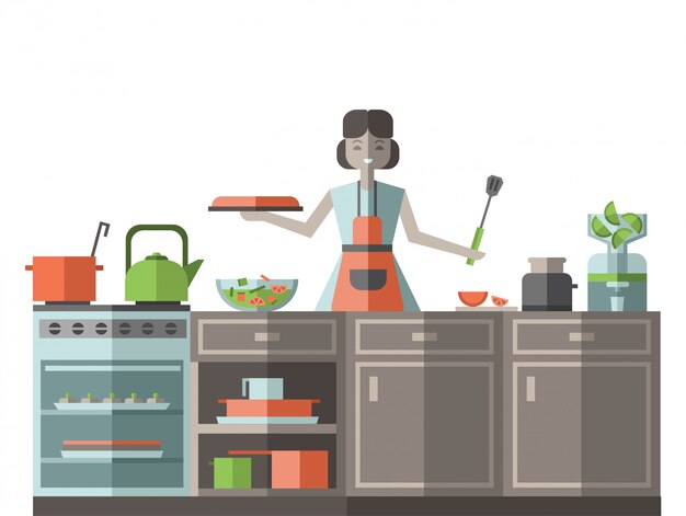 Vetor uma mulher de avental preparando comida na cozinha. ilustração, em branco.