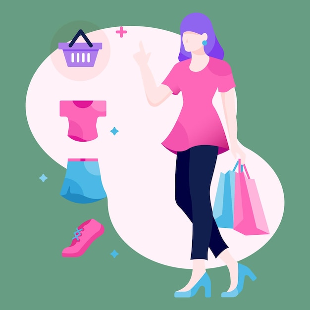 Vetor uma mulher de blusa e calça rosa caminha em frente a um carrinho de compras.