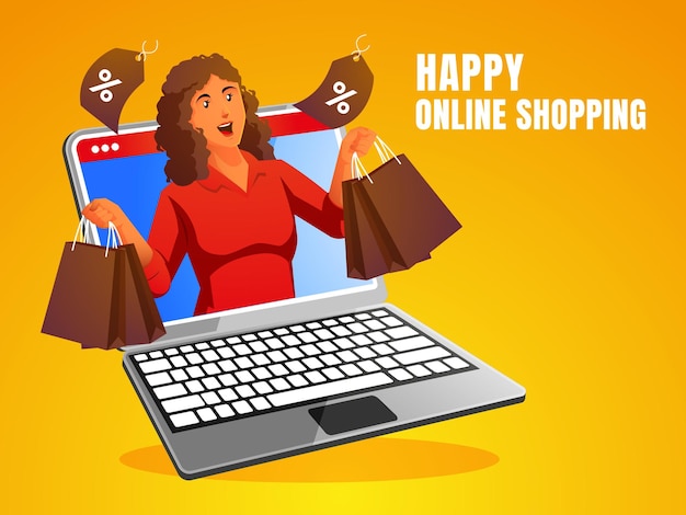 uma mulher de compras feliz com um laptop