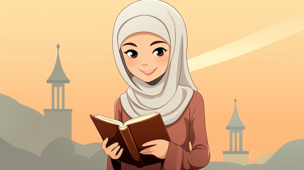 Vetor uma mulher de hijab com um livro chamado uma mulher lendo um livro