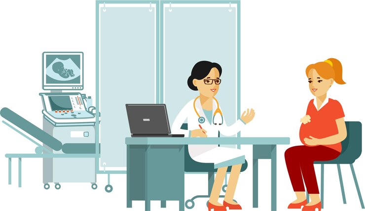 Vetor uma mulher de jaleco branco está sentada em uma mesa com um laptop e um médico em uma cadeira vermelha