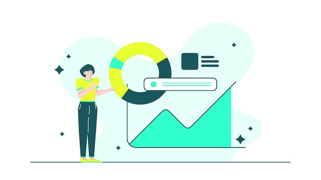 Uma mulher de negócios está fazendo uma apresentação sobre o aumento dos negócios com gráficos e gráficos em um espaço de coworking moderno e criativo