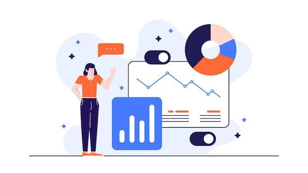 Uma mulher de negócios está fazendo uma apresentação sobre o aumento dos negócios com gráficos e gráficos