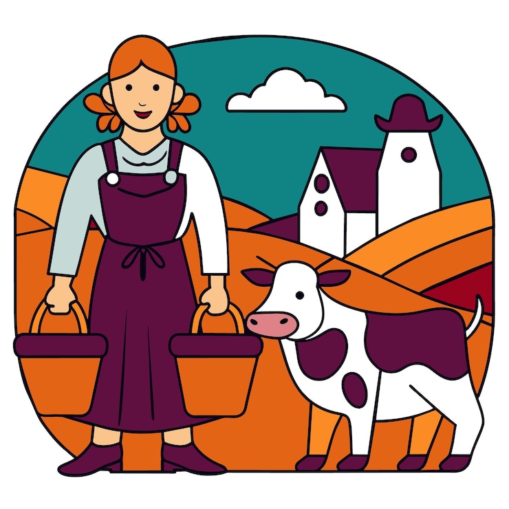 Vetor uma mulher de pé em frente a uma casa com uma vaca e uma vaca