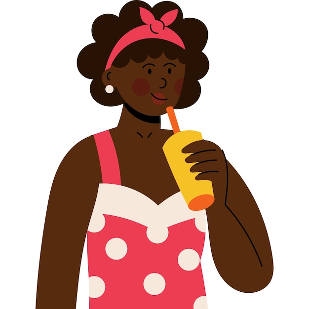 Uma mulher de pele escura de fato de banho vermelho a beber uma bebida refrescante.