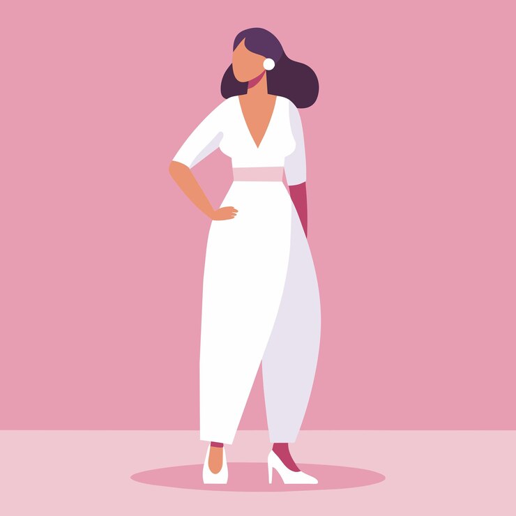 Vetor uma mulher de roupas brancas de verão está de pé contra uma parede rosa