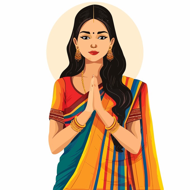 Vetor uma mulher de sari com uma moldura de ouro ao redor do pescoço