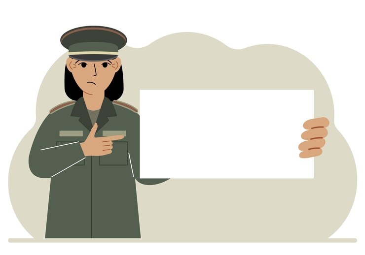Vetor uma mulher de uniforme militar está segurando uma grande folha branca de papel que poderia ser um lugar para texto