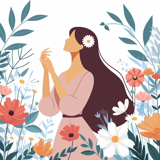 uma mulher de vestido rosa com flores e uma foto de uma mulher com uma flor no cabelo