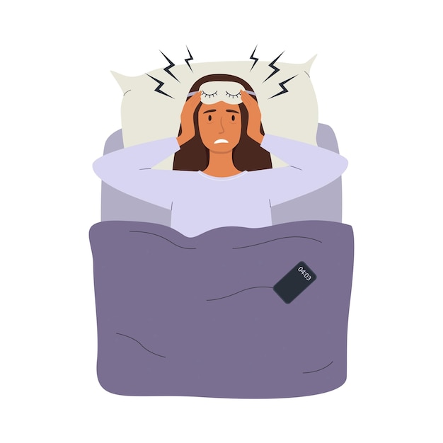 Uma mulher deitada na cama e incapaz de adormecer O conceito de insônia distúrbios do sono dor de cabeça