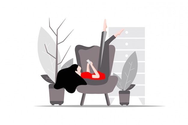 Uma mulher dorme relaxado em uma cadeira com um telefone. Ilustração plana.