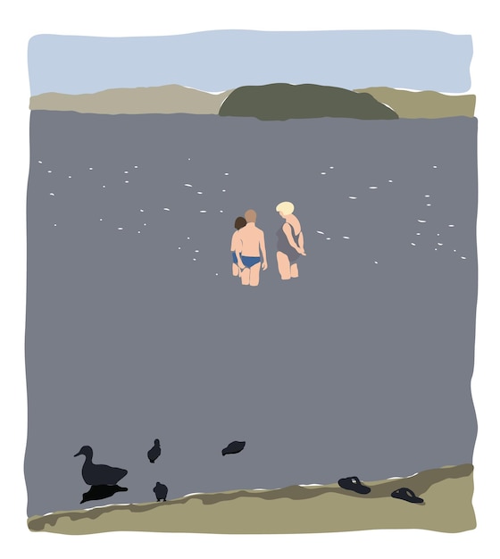 Uma mulher e duas crianças entraram na água na margem do lago Um pato caminha na praia com patinhos