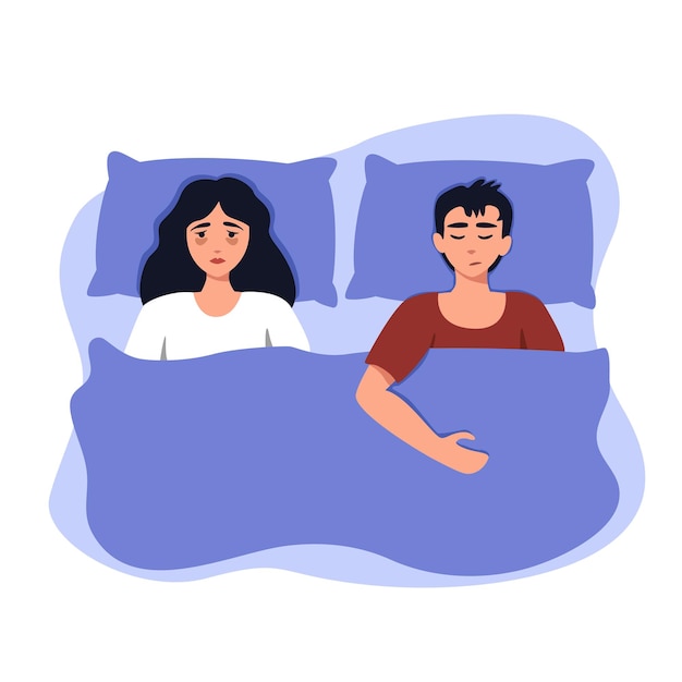 Vetor uma mulher e um homem estão deitados na cama, a mulher não consegue dormir, conceito de transtorno mental, depressão, insônia, ilustração vetorial