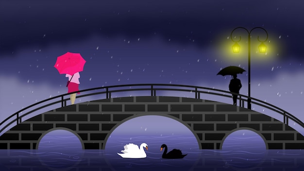 Uma mulher e um homem na ponte usando um guarda-chuva na chuva