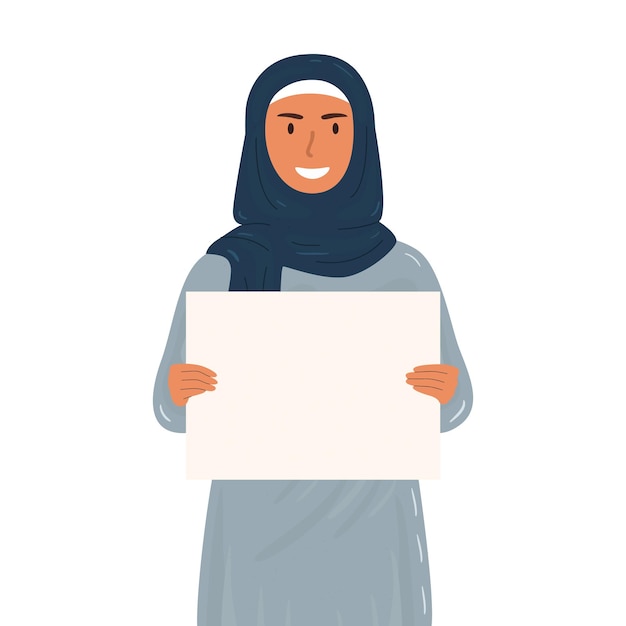 Uma mulher em um hijab segurando um cartaz vazio com espaço para texto.
