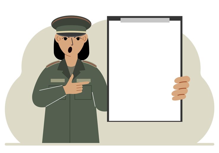 Vetor uma mulher em um uniforme militar está segurando uma grande prancheta com muito espaço para ilustração vetorial de texto plana