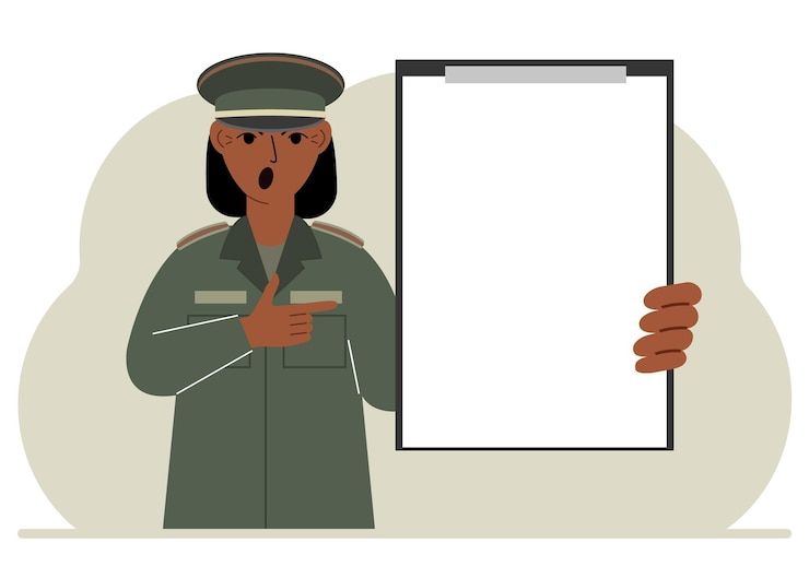 Vetor uma mulher em um uniforme militar está segurando uma grande prancheta com muito espaço para ilustração vetorial de texto plana