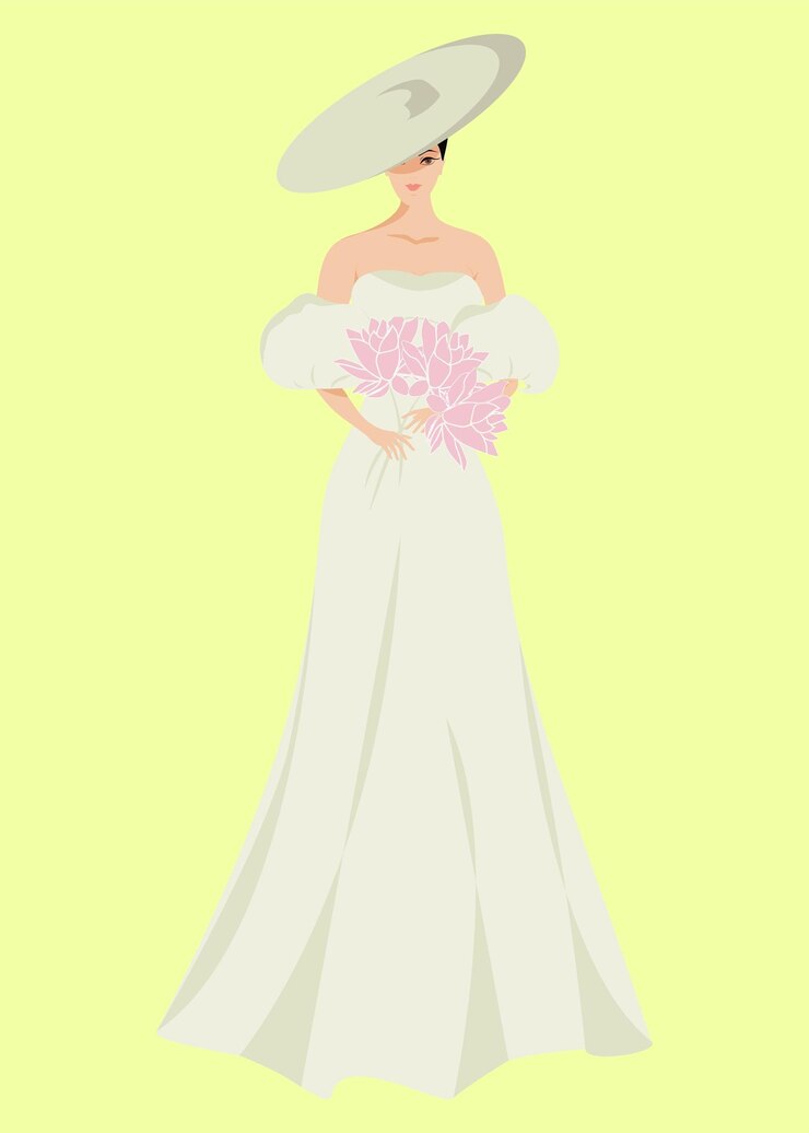 Vetor uma mulher em um vestido de noiva com um buquê de flores.