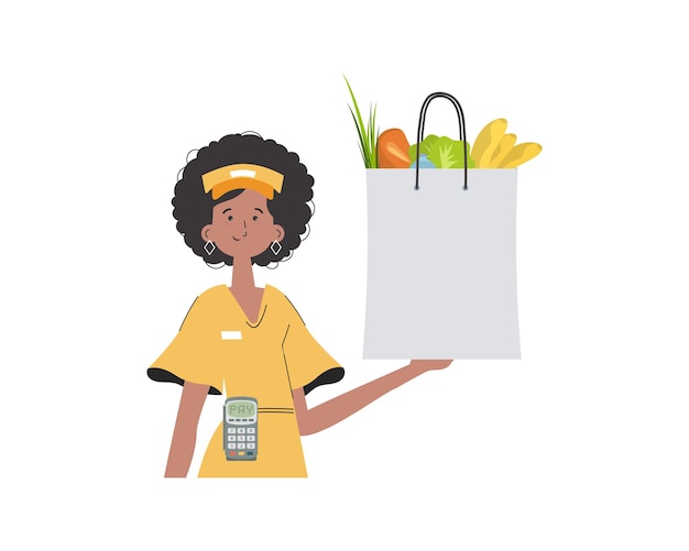 Uma mulher entrega um pacote de produtos conceito de entrega isolado vetor de estilo plano moderno