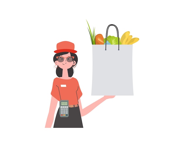 Uma mulher entrega um pacote de produtos Produtos para casa Entrega de alimentos Isolado vetor de estilo plano moderno