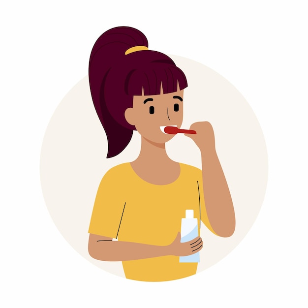 Uma mulher escova os dentes com pasta de dente. Personagem de vetor em um estilo simples. Higiene oral.