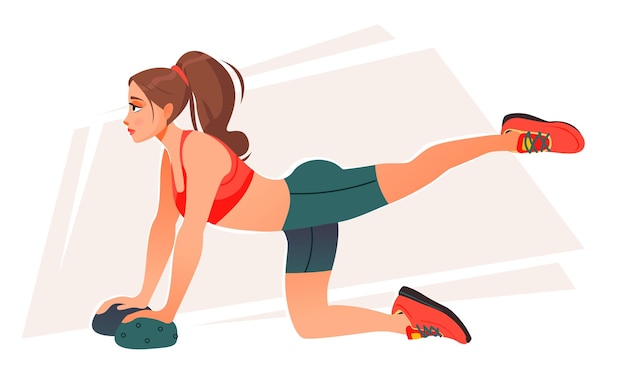 Vetor uma mulher esportiva em roupas esportivas está envolvida em esportes ou fitness ilustração vetorial dos desenhos animados