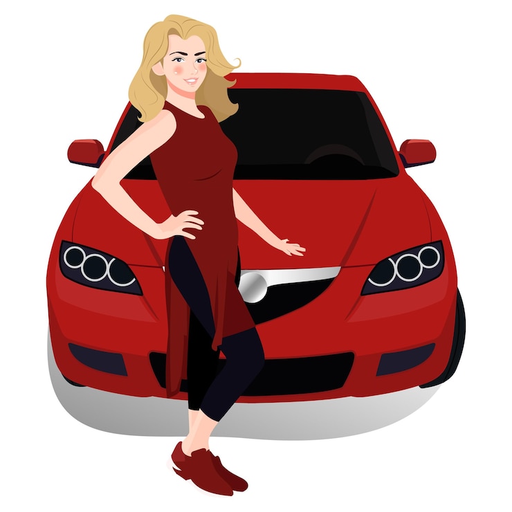 Vetor uma mulher está ao lado de um carro esportivo vermelho com a palavra honda na frente