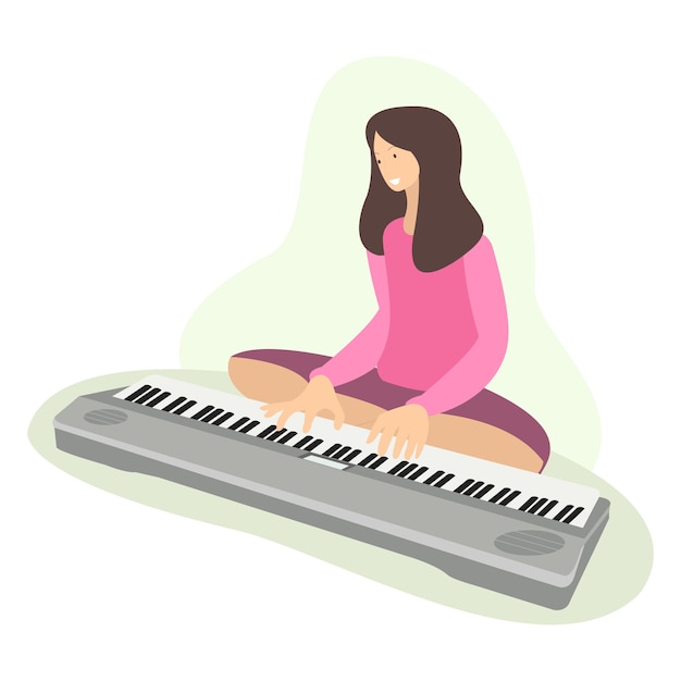 Uma mulher está aprendendo a tocar piano