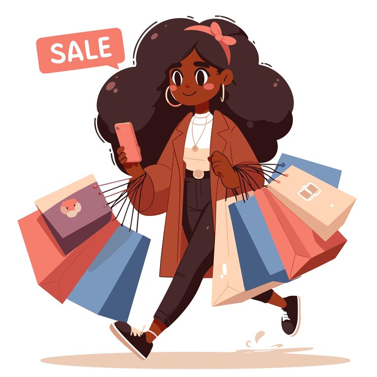 Vetor uma mulher está carregando muitos sacos de compras e está falando em seu celular