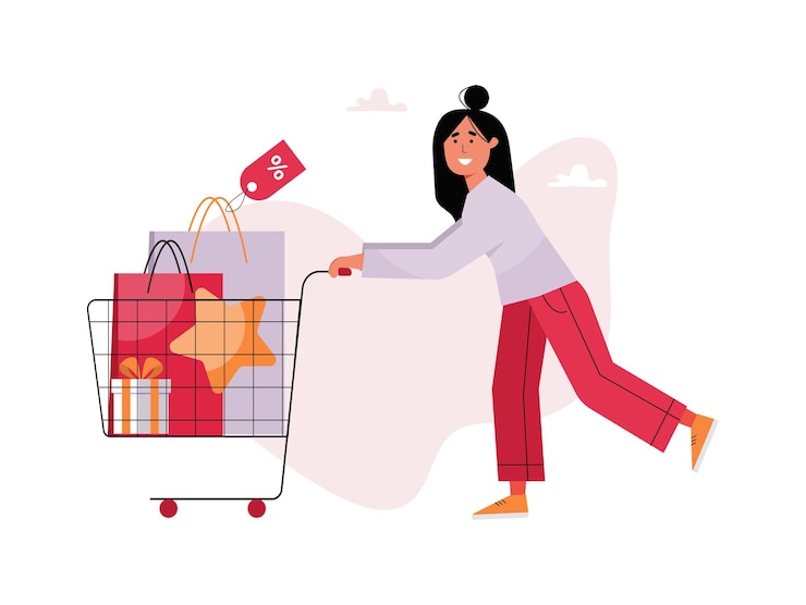 Uma mulher está carregando um carrinho com compras e presentes Ilustração em vetor de desenho animado x9