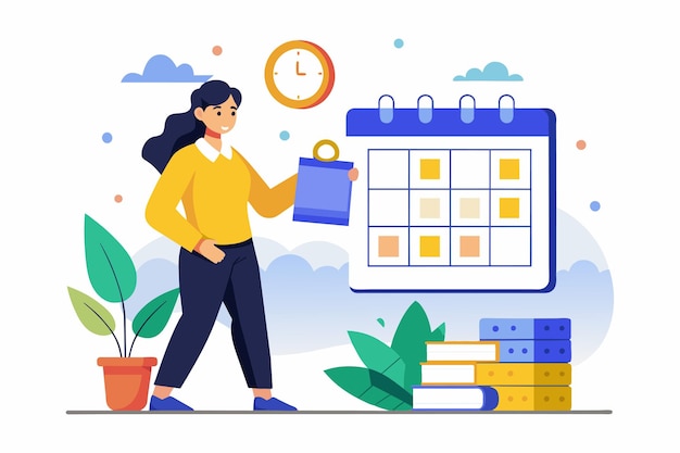 Uma mulher está de pé ao lado de um calendário olhando para as datas e planejando sua programação mulher faz programação de tempo ilustração vetorial plana simples e minimalista