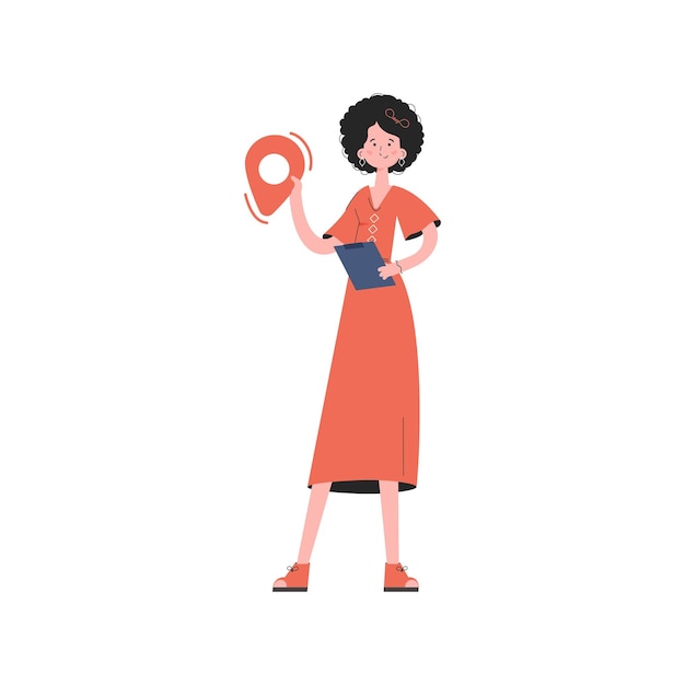 Uma mulher está em pleno crescimento e segura um ícone de localização em suas mãos elemento isolado para sites de apresentações
