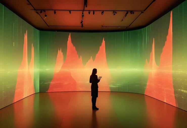 Vetor uma mulher está em uma sala escura futurista olhando para uma tela curva gigante exibindo formas abstratas