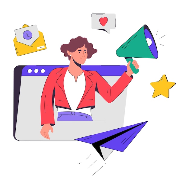 Uma mulher está em uma tela de computador com um megafone e uma estrela, e um símbolo de amor.