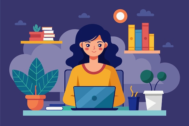 Uma mulher está envolvida em seu trabalho em um laptop em um ambiente de escritório em casa quente e convidativo Mulher trabalhando em um laptop ilustração plana