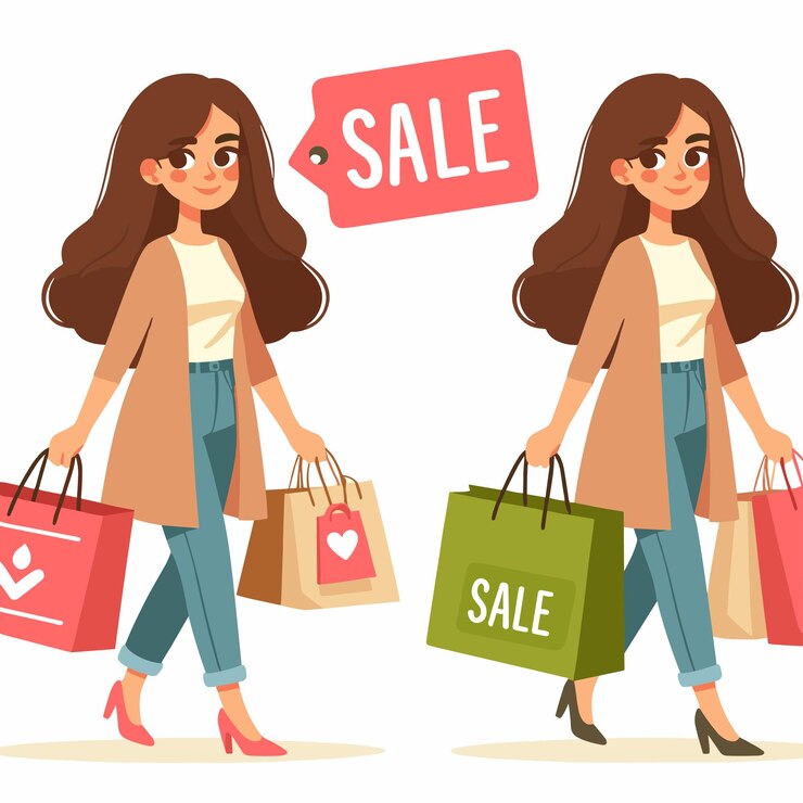 Vetor uma mulher está fazendo compras com dois sacos verdes e vermelhos
