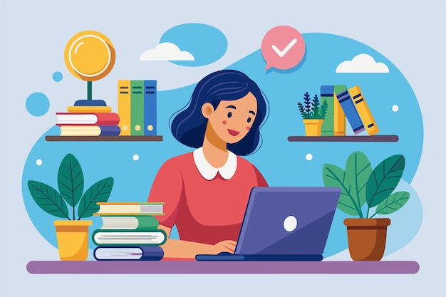 Uma mulher está focada em seu laptop participando de ensino à distância com livros e plantas ao seu redor Mulher usando laptop para ensino à distância ilustração plana inovadora