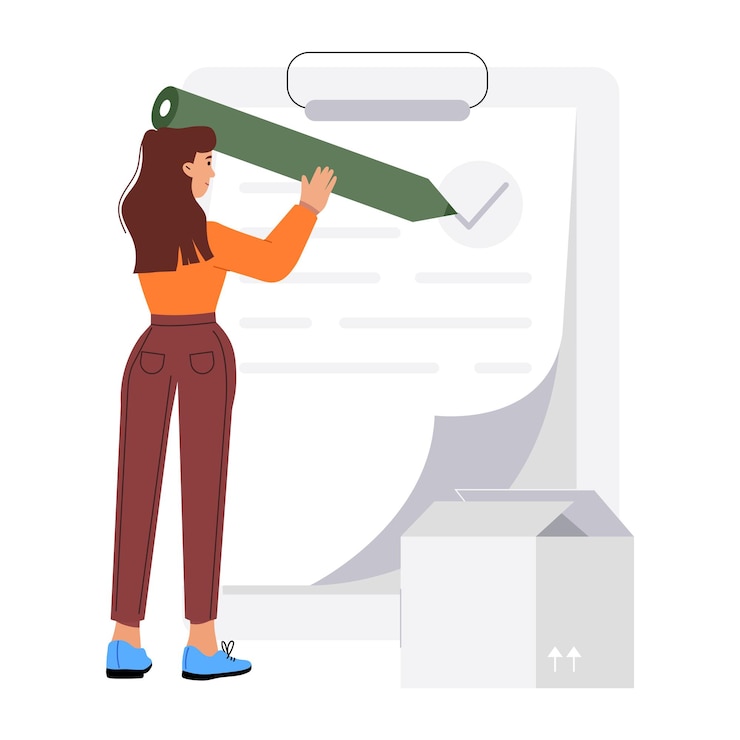 Vetor uma mulher está olhando através de um jornal com um clipboard que diz que ela está olhando para cima