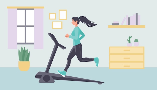 Uma mulher está se exercitando em uma esteira em casa. Fitness em casa. O conceito de estilo de vida saudável em casa.