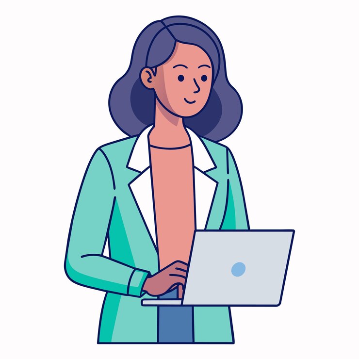 Vetor uma mulher está segurando um laptop e um símbolo que diz que eu estou trabalhando nele