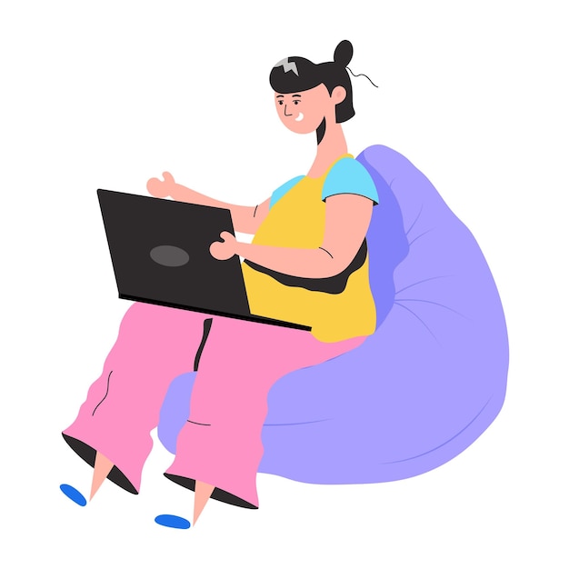 Uma mulher está sentada em um pufe com um laptop no colo.