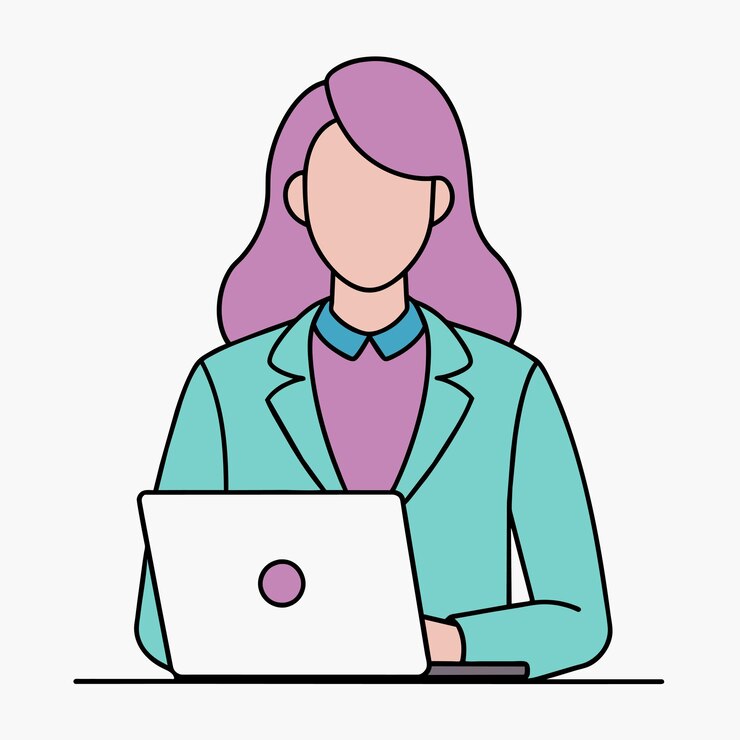 Vetor uma mulher está usando um laptop com um círculo rosa na frente