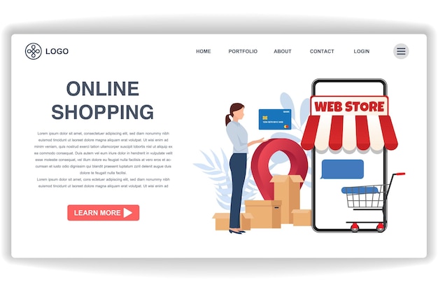 Uma mulher está usando uma página de site de cartão de crédito Compras on-line Conceito moderno de design plano de design de página da web para site e site móvel